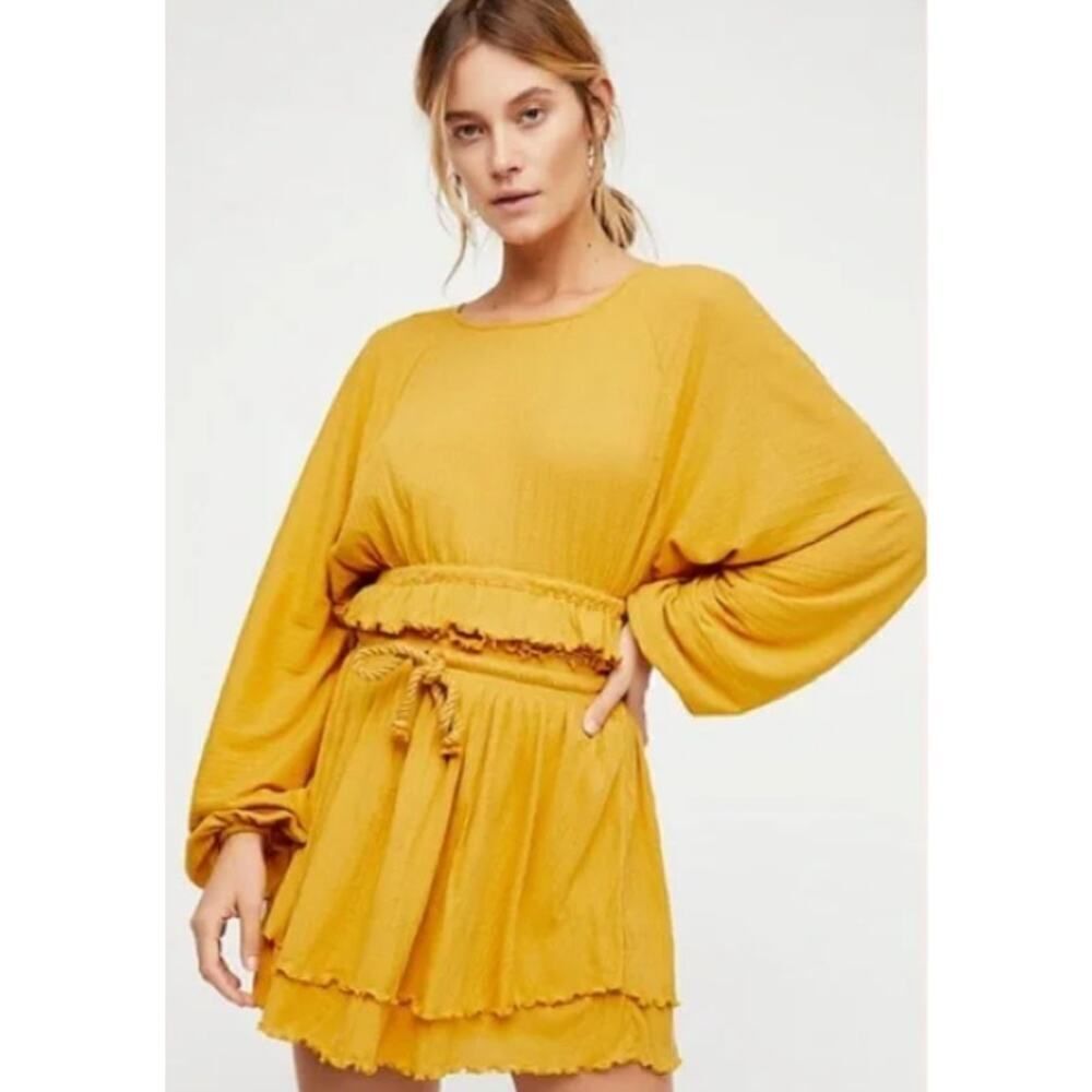 Free People Beach Sweet Lady Set Women's XS Mustard Yellow Long Sleeve Ruffle
